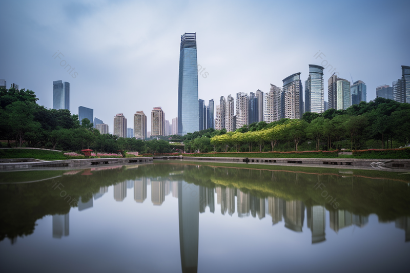 绿色森林公园花草湖畔眺望远处的市区商务中心高楼蓝天白云现代建筑实拍,高清,摄影图,摄影图片,图片大全,摄影图免费下载